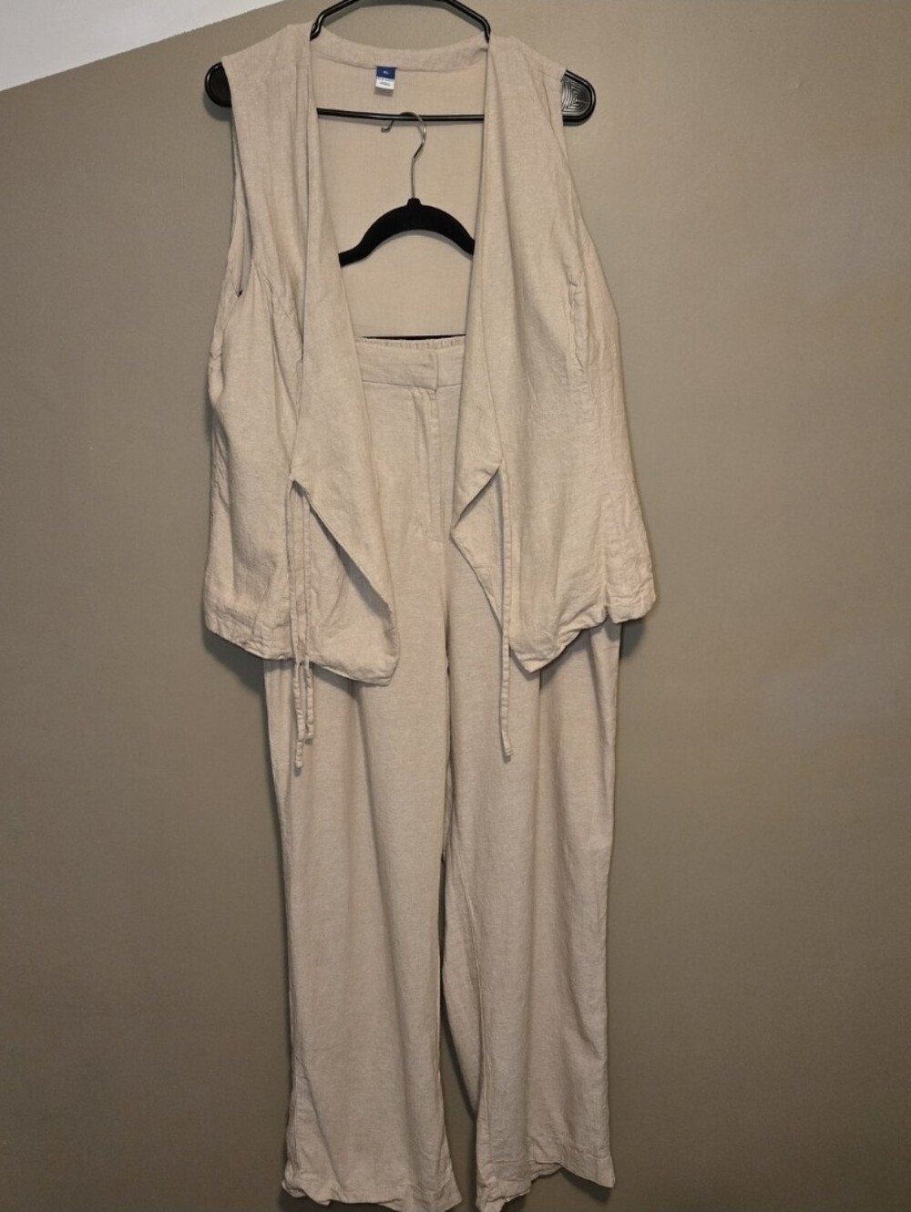 Old Navy Women's Linen Blend Open Tie Vest & Straight Leg Pants Set Beige Sz XL